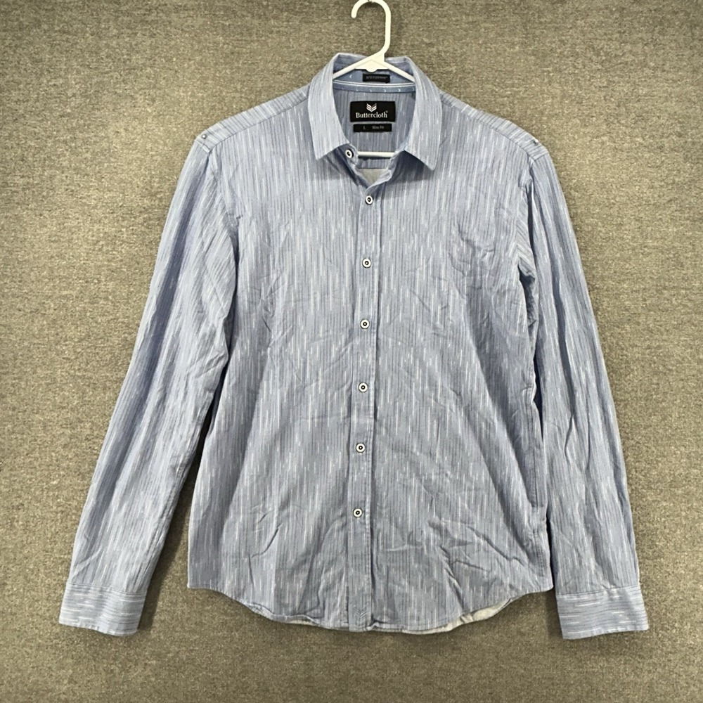Buttercloth Icy Cotton Slim‎ Fit Shirt Men Size large Blue Striped Long Sleeve